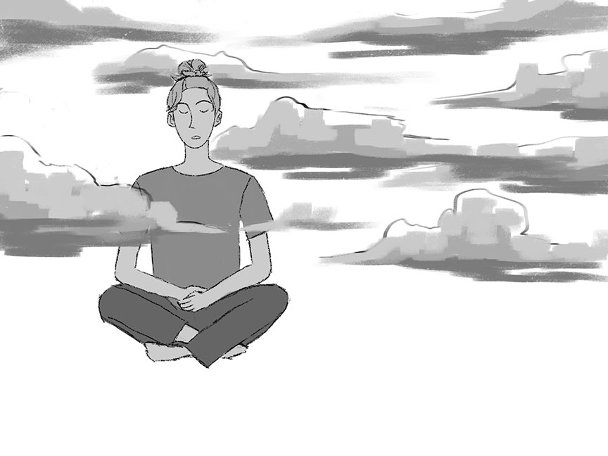 woman meditating in clouds