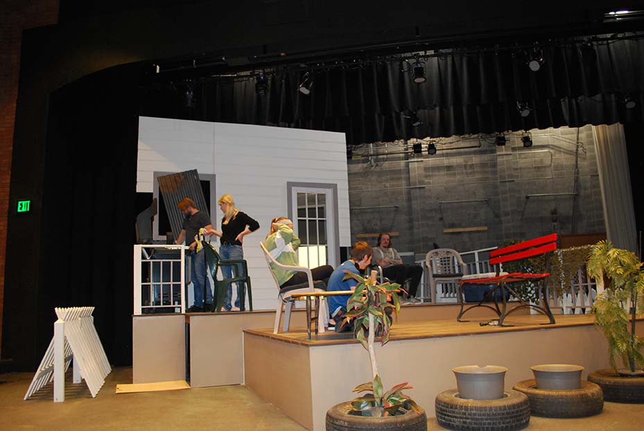 Students gather to rehearse for upcoming play in the Spartan theatre located in Building 5