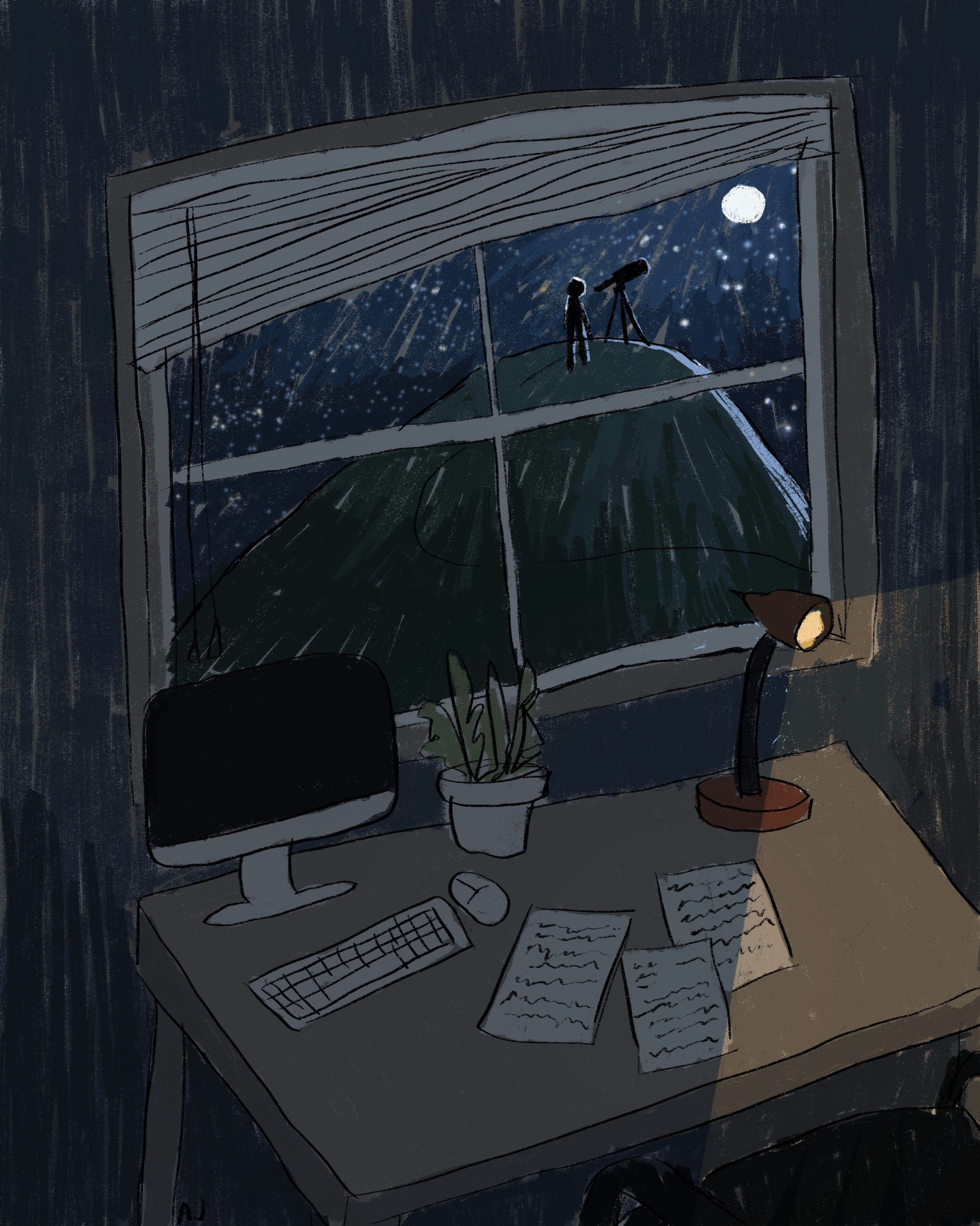 illustration of desk with moonlight shining through